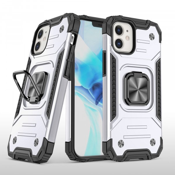 Wholesale Cube Style Armor Case with Rotating Ring Holder, Kickstand and Magnetic Car Mount Plate for iPhone 12 / 12 Pro 6.1 (Silver)